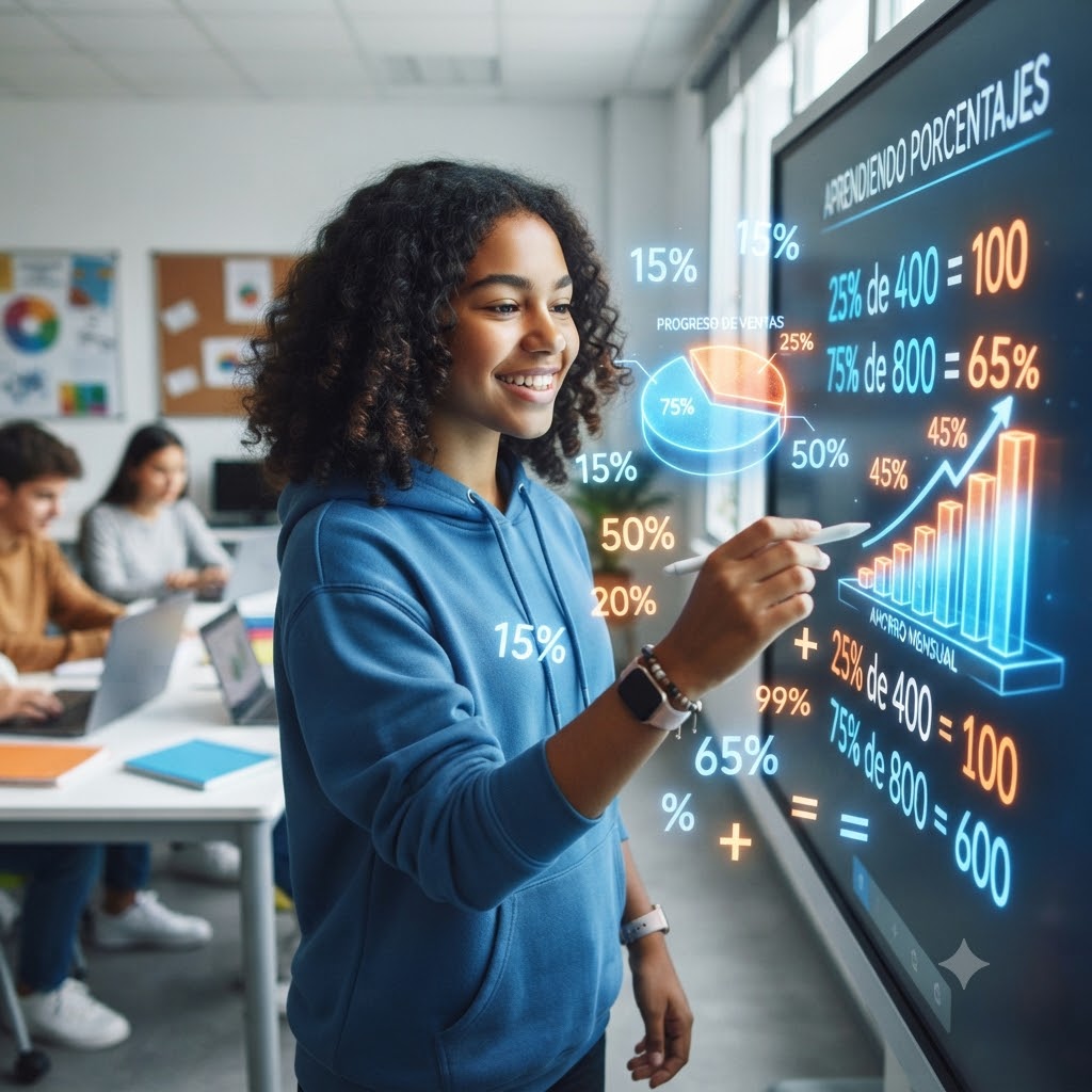 Una estudiante sonriente interactúa con gráficos holográficos de porcentajes en una pantalla interactiva. Ella usa un lápiz digital y lleva una sudadera azul y un reloj inteligente. Se muestran gráficos de barras y circulares, y ecuaciones matemáticas sobre porcentajes en español. Al fondo, otros estudiantes trabajan en computadoras.