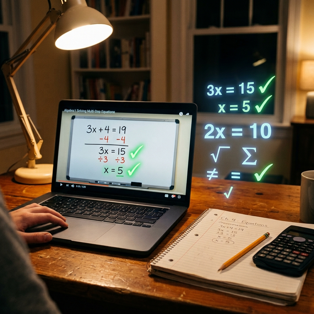 Laptop en escritorio muestra una videoclase con la corrección de una ecuación paso a paso y marcas de verificación verdes. Símbolos brillantes como '2x=10', 'x=5' y marcas de correcto flotan sobre la pantalla. Al lado, libreta con apuntes, lápiz y calculadora bajo luz cálida.
