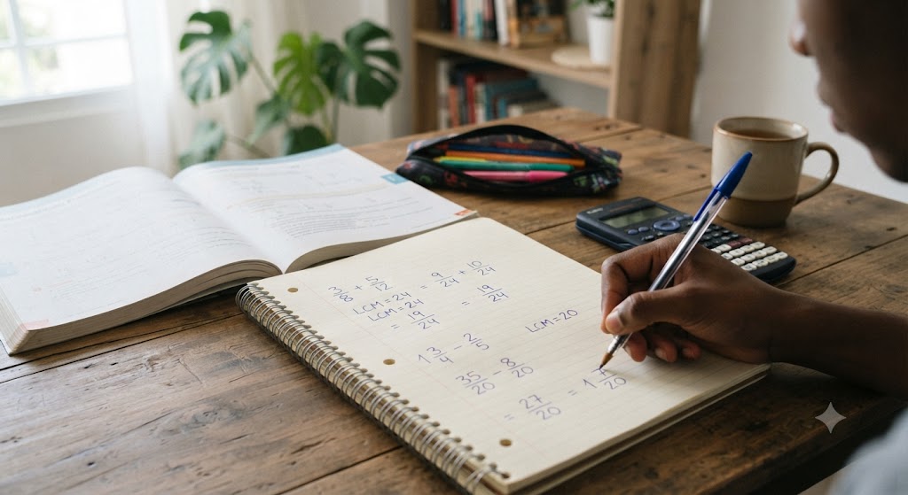 Primer plano de una persona escribiendo en un cuaderno en espiral sobre una mesa de madera. Las notas contienen cálculos detallados de sumas y restas de fracciones con diferente denominador, mostrando el proceso con el mínimo común múltiplo. Al lado hay un libro de texto, una calculadora y una taza. Fondo luminoso con estantería y planta.