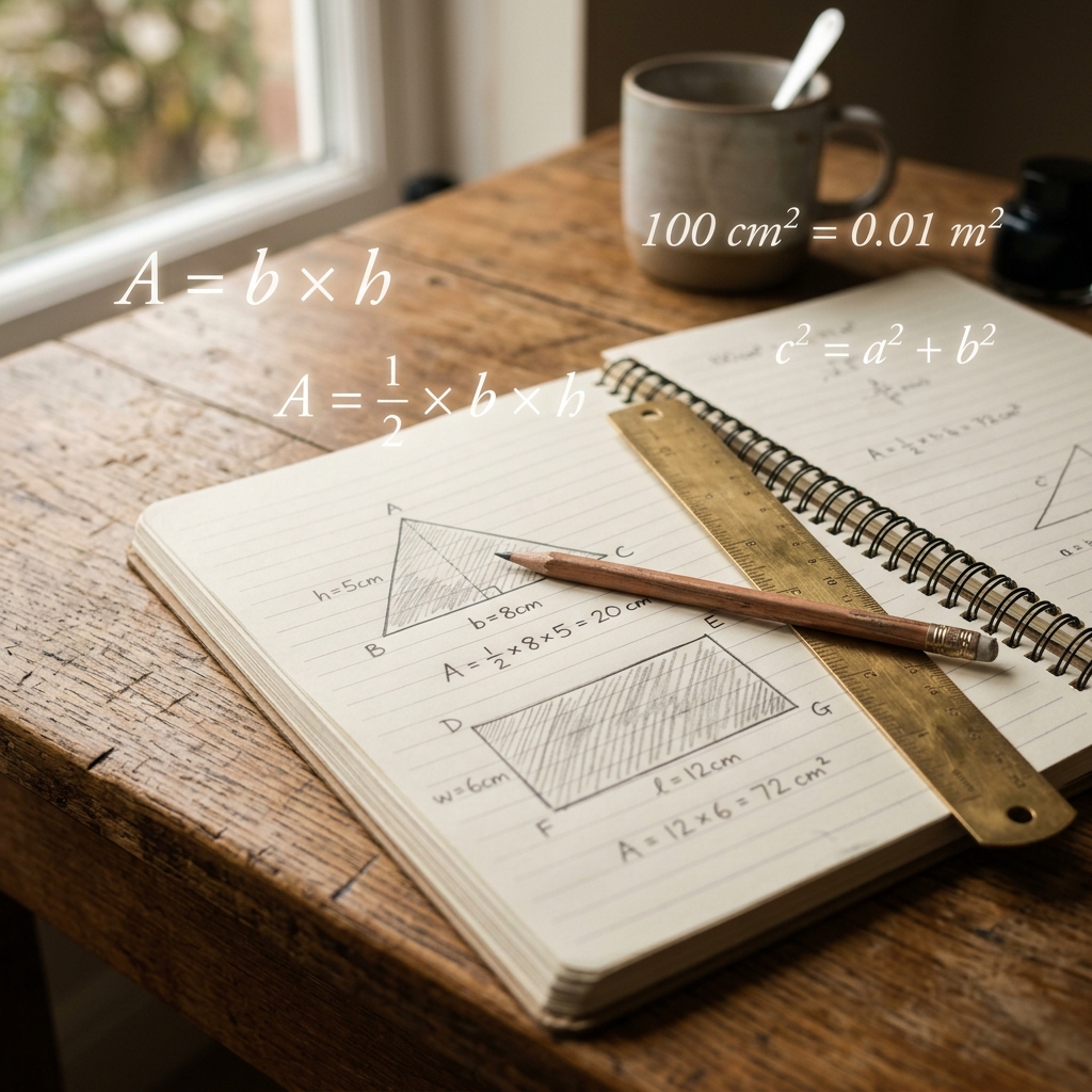Libreta abierta sobre escritorio de madera con figuras geométricas dibujadas a mano. Encima reposan una regla de metal y un lápiz. Fórmulas de área como A = b x h y conversiones de unidades como cm² a m² flotan sutilmente sobre el papel. Estilo fotorrealista con luz suave lateral.