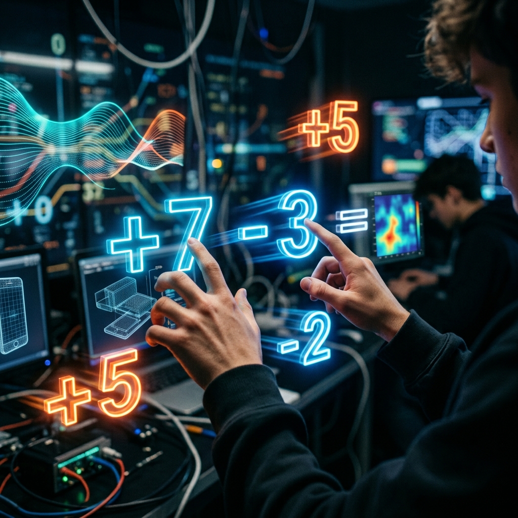 Manos de estudiante interactúan con números enteros flotantes y brillantes (+7, -3, +5, -2) en un espacio digital oscuro. Estilo realista, iluminación de neón dinámica y enfoque suave que resalta la resolución de problemas matemáticos.