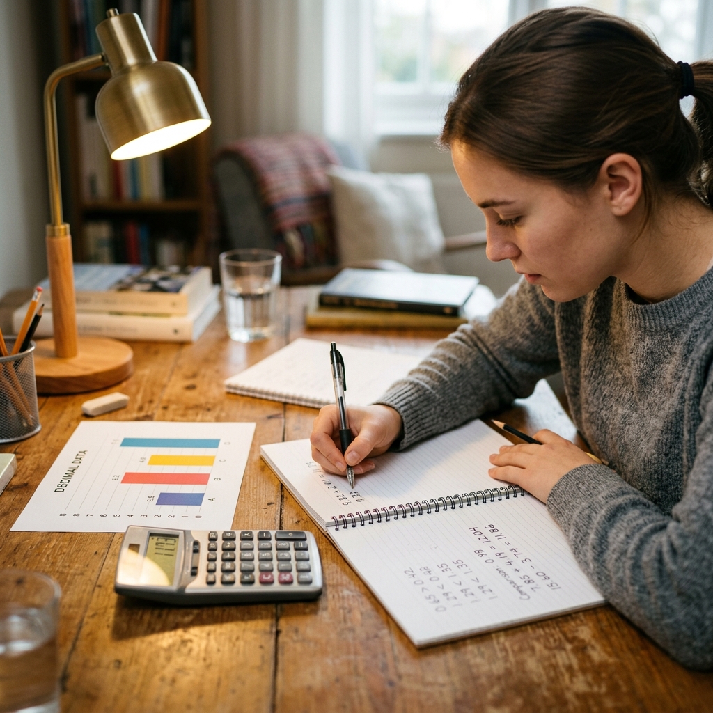 Un estudiante resuelve sumas y restas de decimales en un cuaderno anillado sobre un escritorio de madera. Cerca hay una calculadora con resultados decimales y un gráfico de barras de colores bajo una luz cálida de estudio. Enfoque suave y realista.