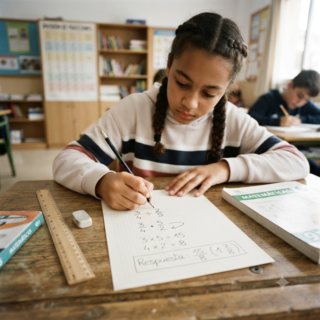 Una estudiante con trenzas resuelve una operación matemática de división de fracciones en una hoja de papel cuadriculado, escribiendo el procedimiento y la respuesta final. Sobre su pupitre de madera hay una regla, un borrador y dos libros de texto de matemáticas. Fondo de aula.