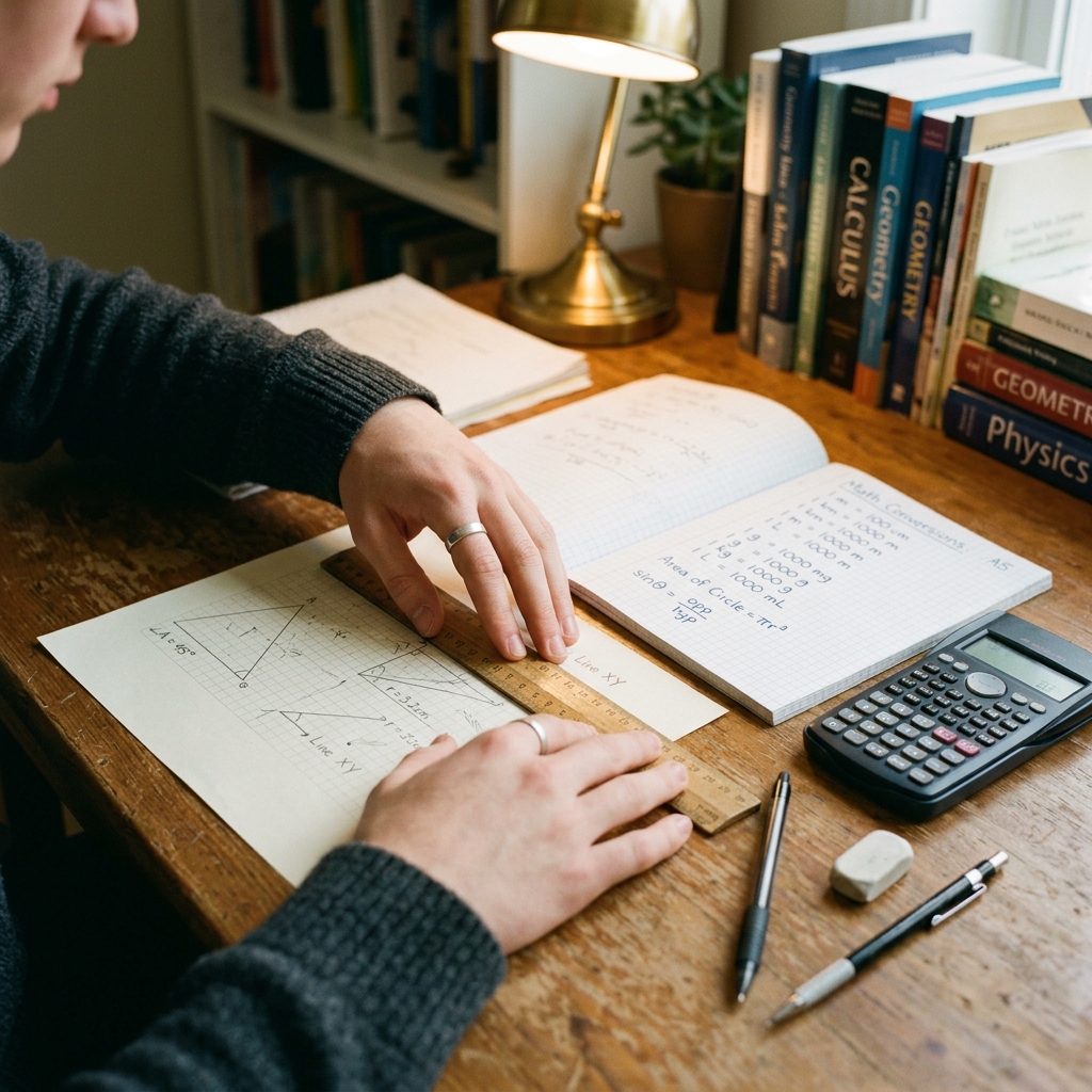 Manos de un estudiante que usa una regla para medir un dibujo geométrico sobre papel. En el escritorio hay un cuaderno con fórmulas de conversión (metros, gramos, litros), una calculadora y un bolígrafo bajo una luz cálida de estudio. Vista realista y enfocada.