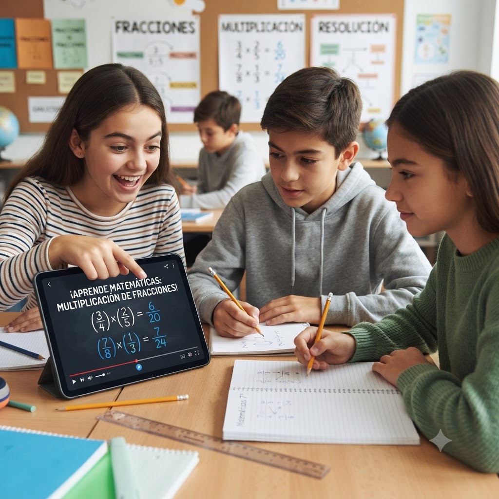 Tres estudiantes preadolescentes en un aula colaboran viendo una videoclase de matemáticas en una tablet titulada "¡APRENDE MATEMÁTICAS: MULTIPLICACIÓN DE FRACCIONES!". La niña a la izquierda señala la pantalla y sonríe. Los otros dos niños toman notas. De fondo hay pósteres educativos sobre fracciones.
