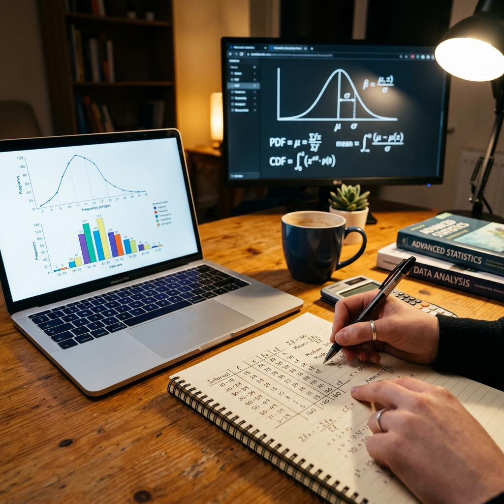Escritorio de madera iluminado donde una mano escribe cálculos matemáticos con pluma negra. Al lado, una laptop muestra gráficos poligonales y de barras avanzados sobre tablas de frecuencia, mientras un segundo monitor brilla suavemente al fondo.