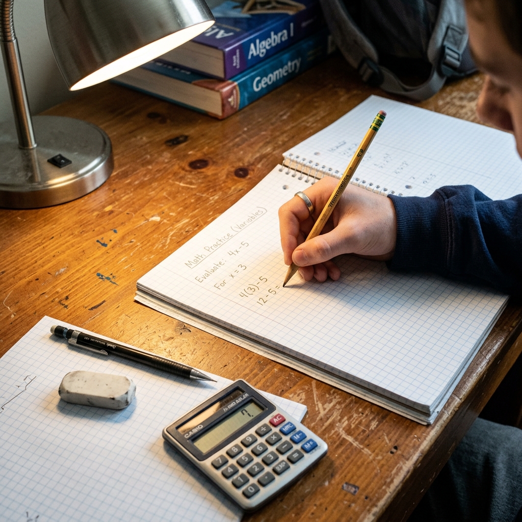 Mano escribe en un cuaderno sustituyendo números en variables de álgebra. Al lado, lápices y una calculadora simple muestran el cálculo de valor numérico.