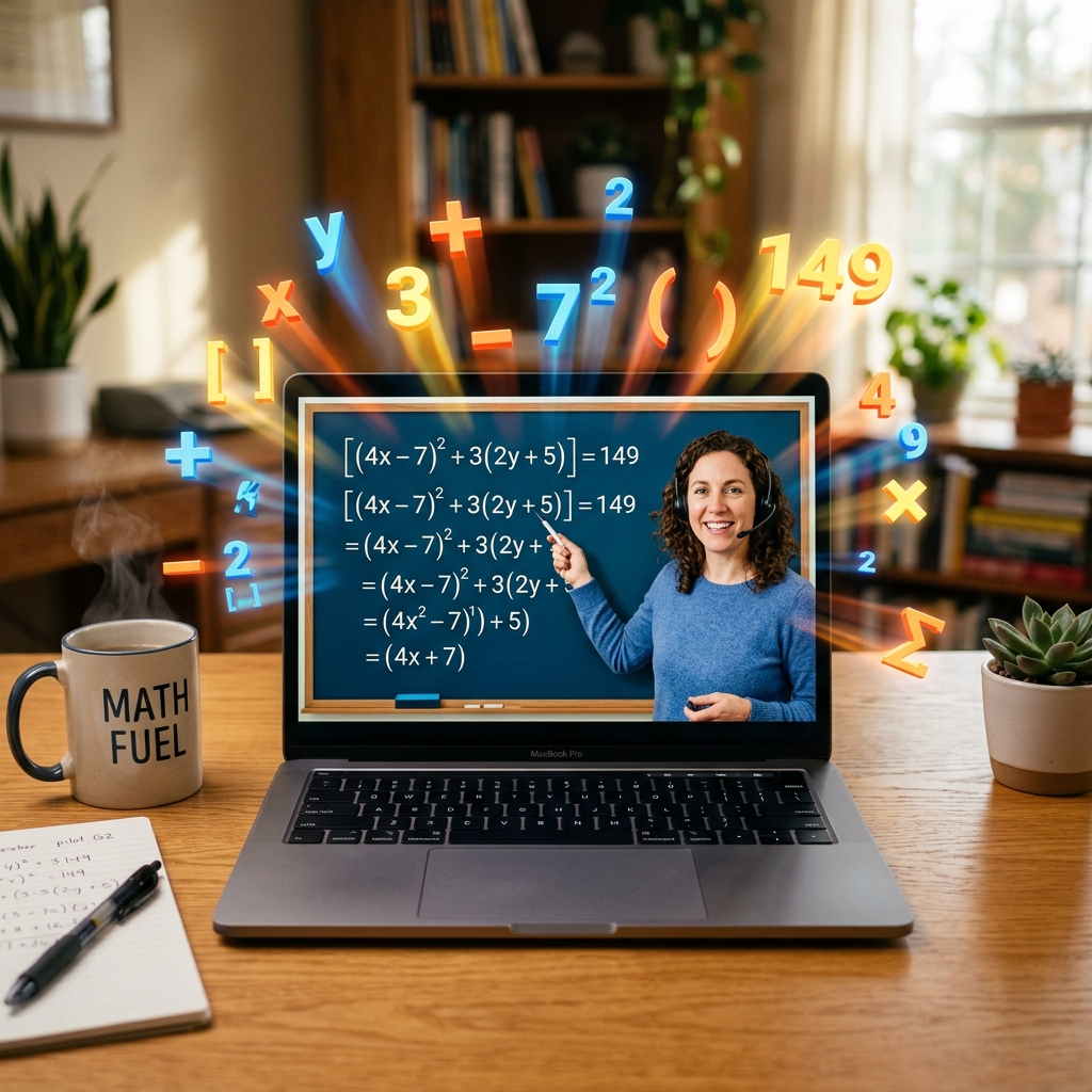 Una laptop sobre un escritorio muestra a un profesor explicando ejercicios de matemática con corchetes en una pizarra digital. Símbolos numéricos 3D y de operaciones brillan y flotan desde la pantalla. Escena realista con luz cálida, una taza y enfoque suave.