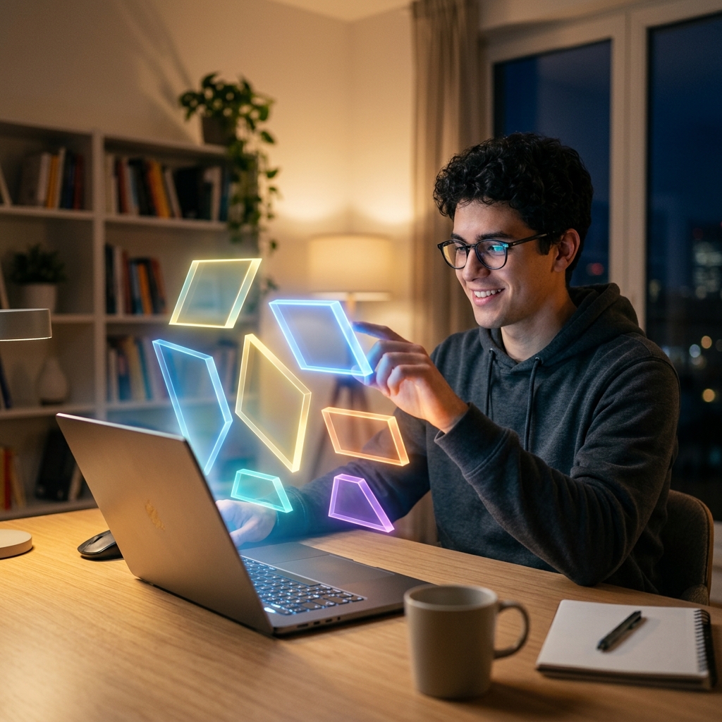 Estudiante frente a laptop de la que emergen cuadriláteros en 3D luminosos (trapecio, paralelogramo) que flotan en el aire. Ambiente de estudio moderno y dinámico con iluminación suave.