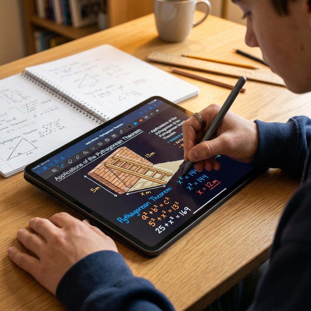Manos de estudiante anotando en una tableta que muestra un ejercicio del Teorema de Pitágoras con el dibujo de una escalera apoyada en una pared. Los cálculos matemáticos aparecen en colores vibrantes sobre la pantalla. Entorno de estudio iluminado y regla al lado.