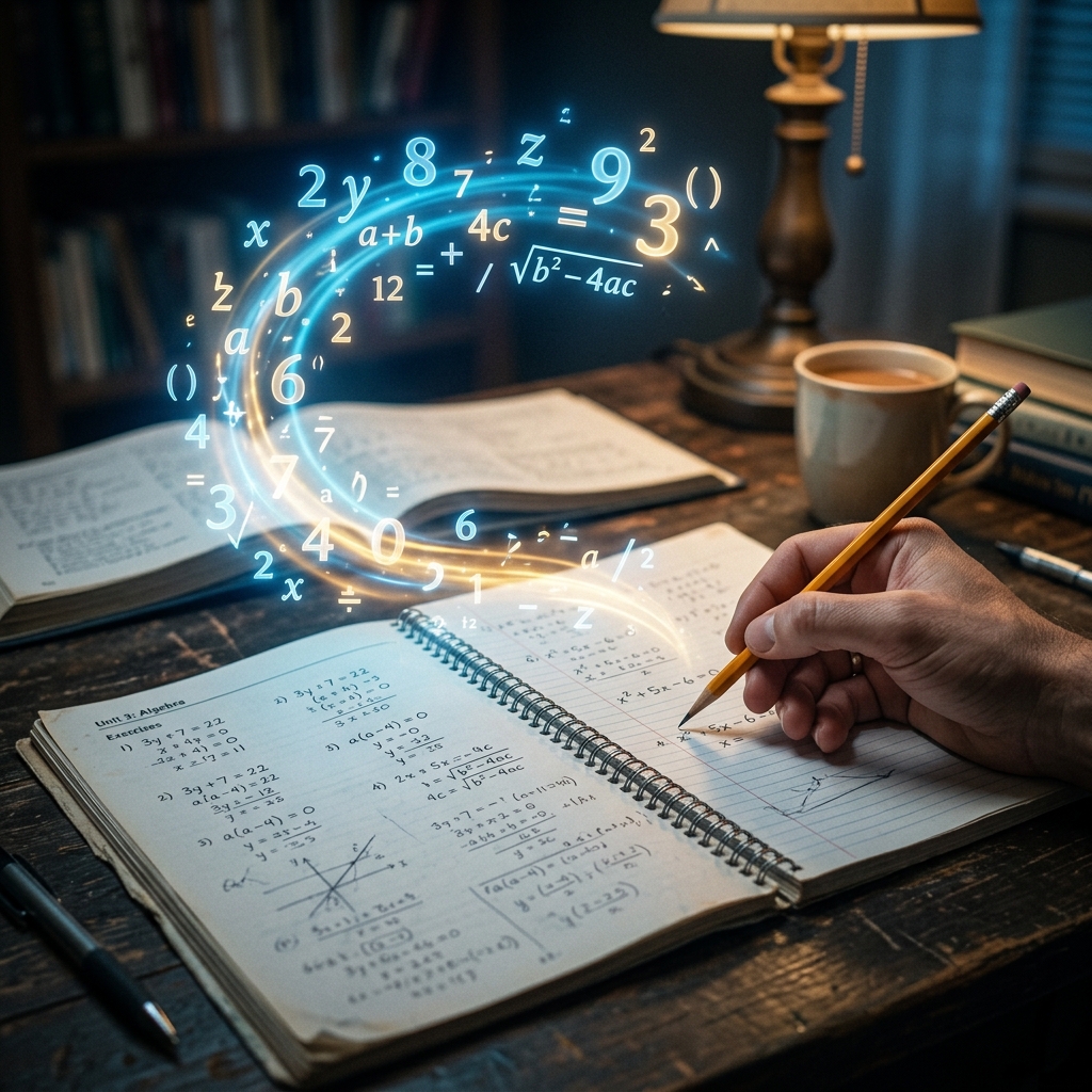 Libro de ejercicios abierto en un escritorio oscuro. Sobre las páginas con operaciones, flotan con dinamismo números y variables brillantes como 'x', 'y' y '+'. Una mano sostiene un lápiz en primer plano. Luz cálida y azulada con fondo desenfocado.