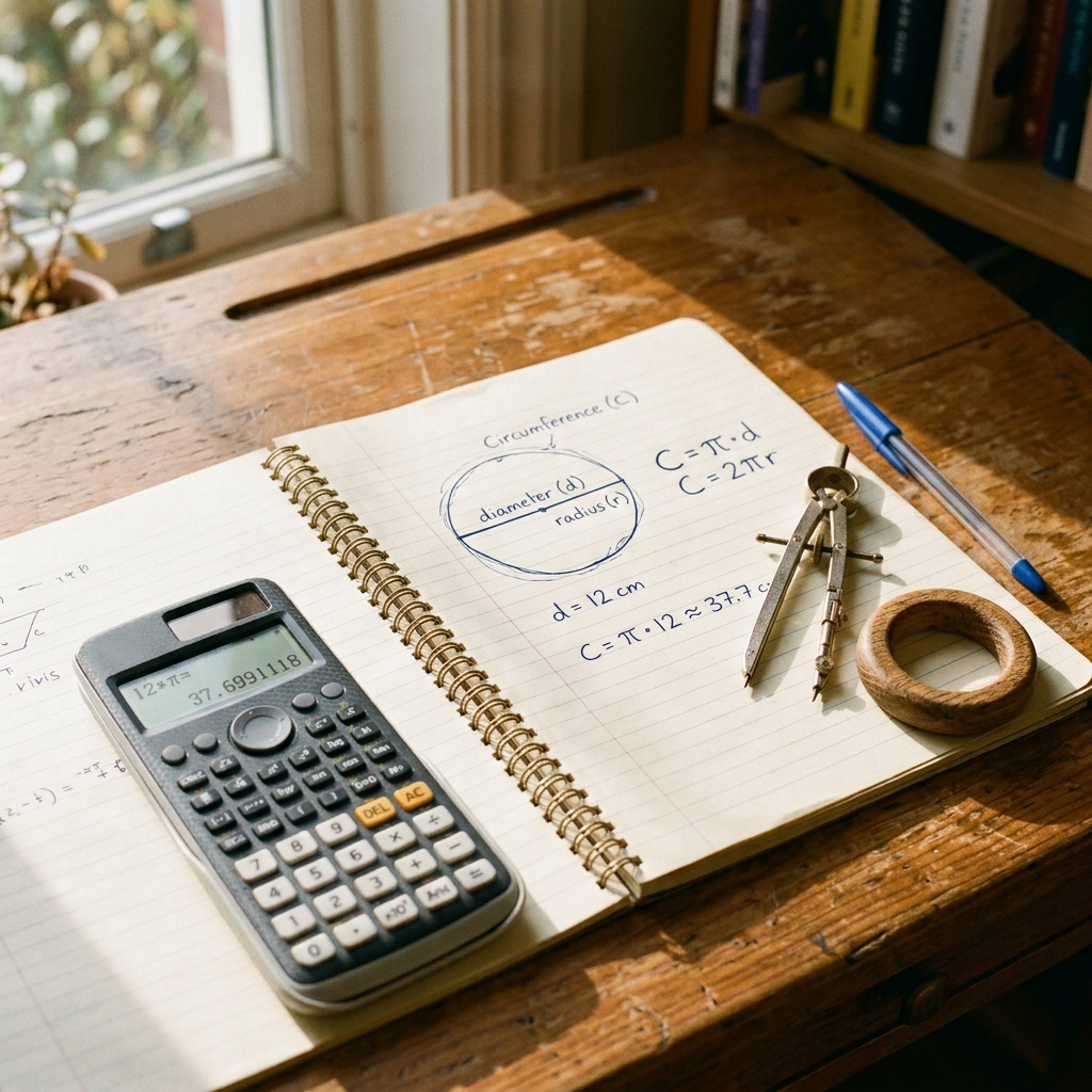 Cuaderno sobre escritorio de madera iluminado por luz solar, con círculos dibujados y la fórmula C = pi * d. Al lado se encuentran un compás metálico, una calculadora digital con operaciones matemáticas y un aro de madera. Un ambiente de estudio cálido y ordenado.