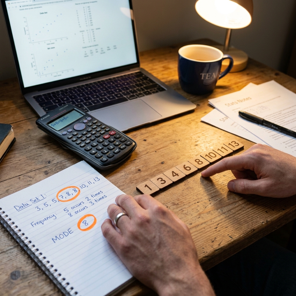 Manos ordenando bloques de madera numerados sobre un escritorio, señalando el valor central (mediana). Al lado, un cuaderno muestra datos estadísticos con el número más repetido (moda) marcado con un círculo naranja brillante. Hay una calculadora cerca.