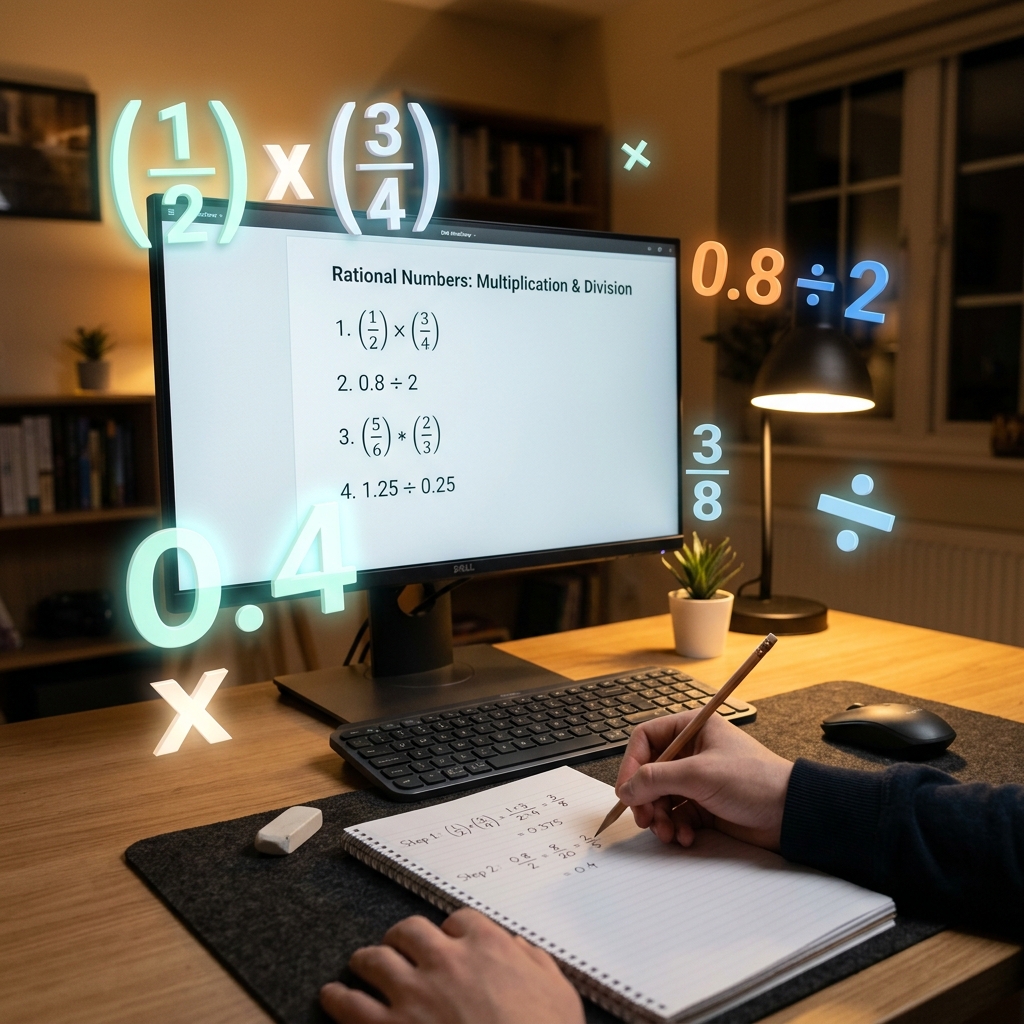 Una mano escribe operaciones en un cuaderno frente a un monitor con problemas matemáticos. En el aire flotan ecuaciones 3D translúcidas y brillantes como (1/2) x (3/4) y 0.8 ÷ 2. Entorno realista iluminado en tonos cálidos y turquesa con un enfoque suave.