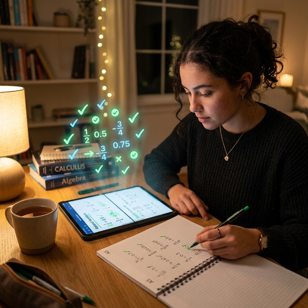 Una tableta muestra la corrección paso a paso de números racionales con marcas de aprobación verdes. Al lado, una mano escribe con lápiz digital en un cuaderno. Fracciones (1/2, -3/4) y flechas tridimensionales flotan sobre el escritorio bajo una iluminación cálida. 