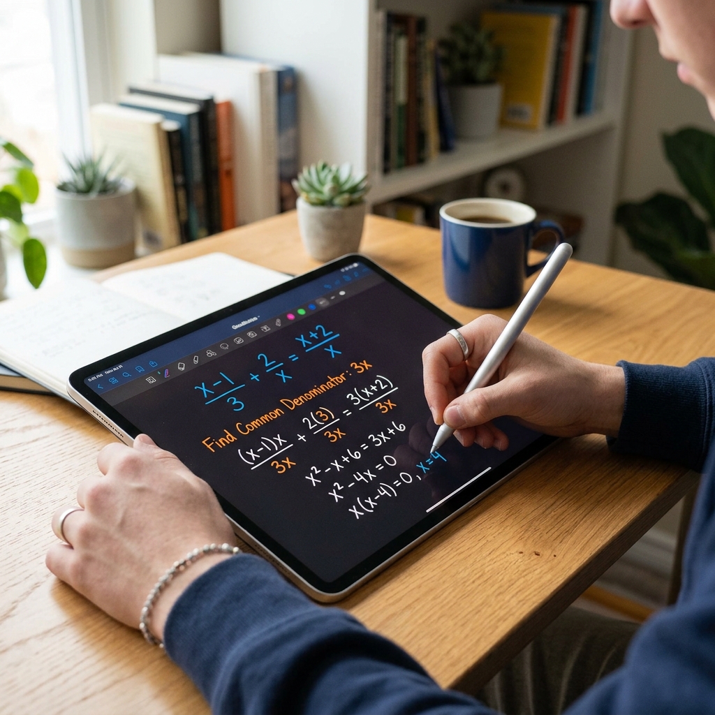 Manos de un estudiante resolviendo operaciones con fracciones usando un lápiz óptico sobre una tableta digital iluminada. Toma en primer plano con un ángulo dinámico y fondo de estudio difuminado.