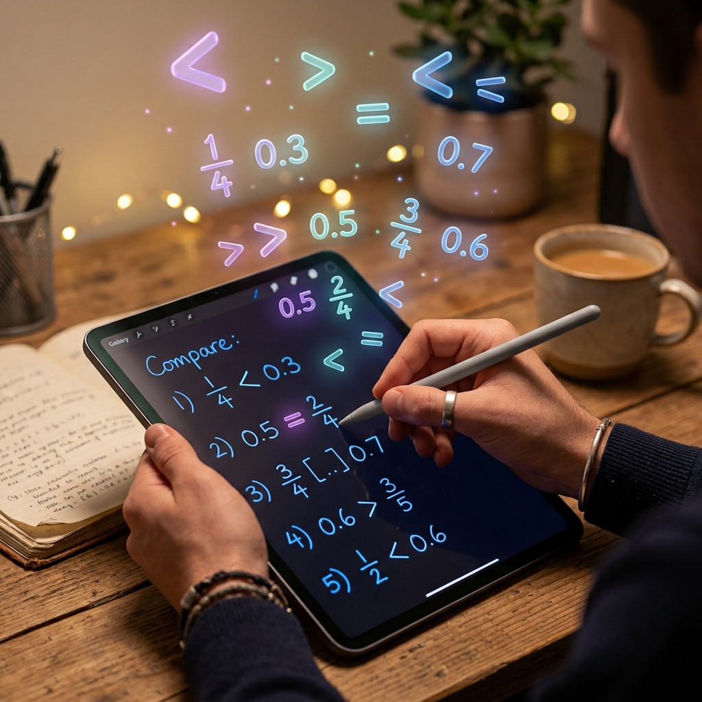 Una mano escribe con un lápiz óptico en una tableta que muestra ejercicios de comparación entre fracciones y decimales (1/4 < 0.3). Símbolos tridimensionales brillantes (<, >, =) y números flotan sobre la pantalla en un espacio de estudio con luz tenue azul y púrpura.