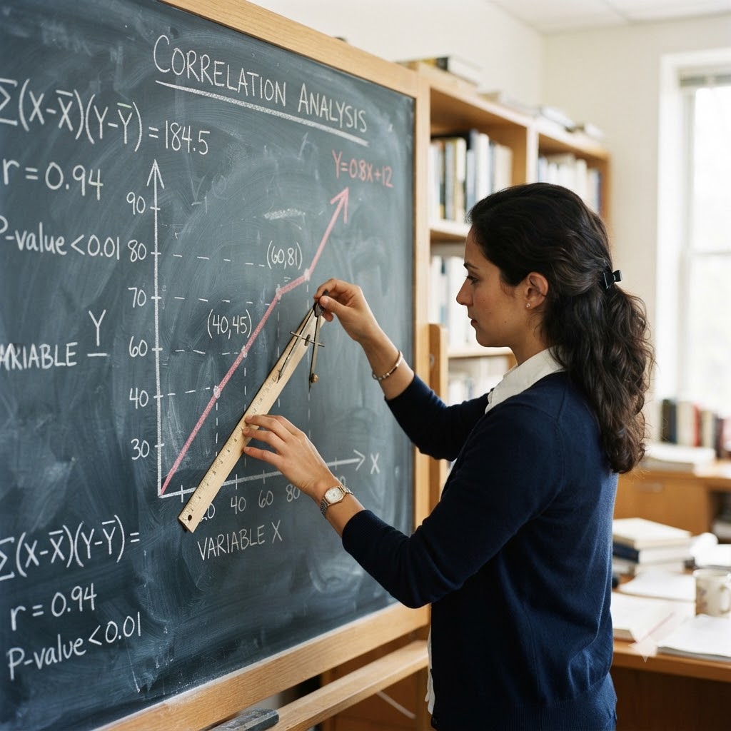 Imagen para uso educativo: Una profesora analiza un gráfico de dispersión y regresión lineal en una pizarra. Mide la pendiente con una regla y un compás. La pizarra muestra fórmulas estadísticas complejas y los ejes marcados como 'VARIABLE X' e 'VARIABLE Y'. Entorno de biblioteca universitaria.