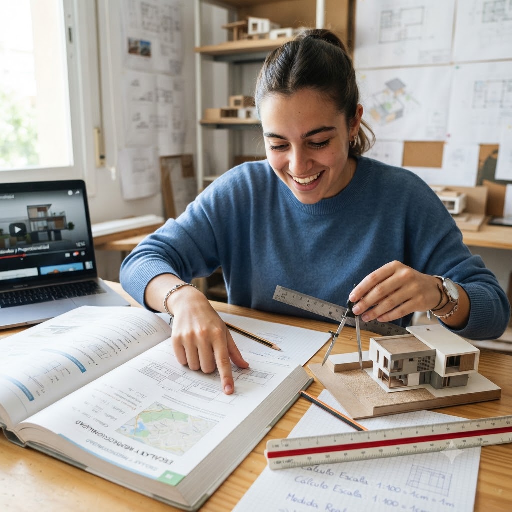 Una joven arquitecta sonriente en su estudio, usando un compás para medir una maqueta de casa. Sobre su mesa hay un libro abierto con planos, un portátil mostrando un vídeo y notas manuscritas sobre escalas y proporcionalidad. Fondo con estanterías y bocetos.