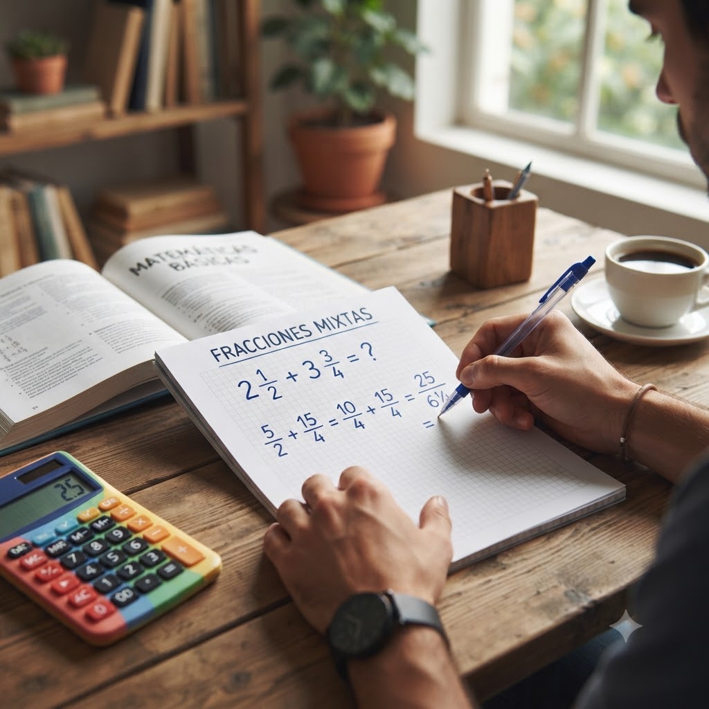 Vista cenital de persona escribiendo en cuaderno sobre mesa de madera. El cuaderno muestra el cálculo de la suma de fracciones mixtas, resuelta paso a paso. A la izquierda, una calculadora colorida y libro "MATEMÁTICAS BÁSICAS". Fondo con ventana y café.