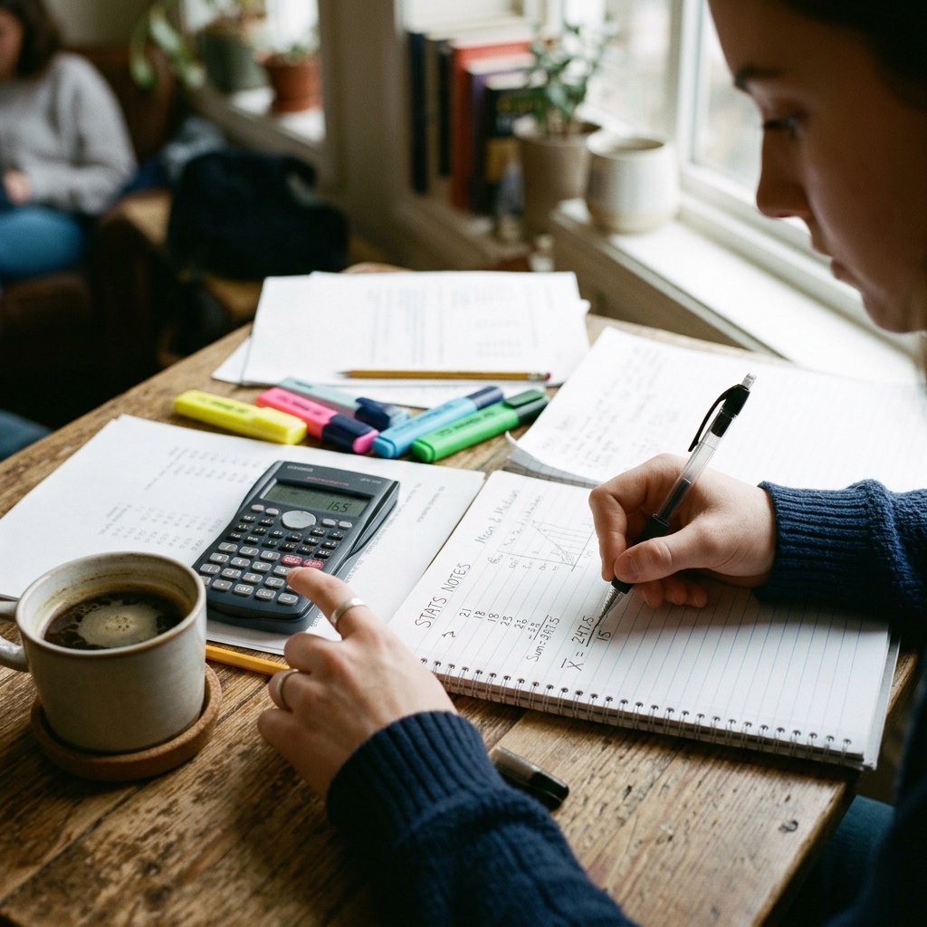 Primer plano de un estudiante resolviendo ejercicios prácticos. Una mano usa una calculadora y la otra anota la fórmula de la media aritmética en un cuaderno sobre una mesa de madera. Se aprecian apuntes, resaltadores y una taza de café bajo luz natural suave.