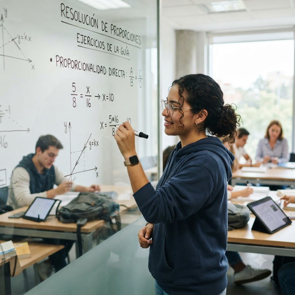 En un aula moderna, una estudiante con gafas y sudadera azul escribe en una pizarra de cristal una ecuación, junto a gráficas de proporcionalidad directa. Al fondo, otros estudiantes trabajan en mesas con tabletas y mochilas. Iluminación natural.