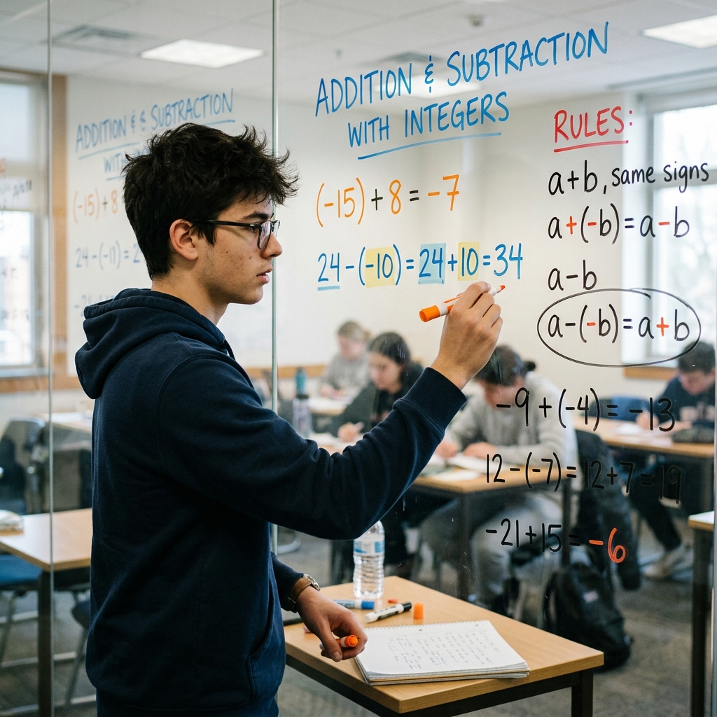 Estudiante de perfil escribe y resuelve operaciones aritméticas con números enteros positivos y negativos usando un rotulador en una pizarra de cristal transparente. Enfoque nítido en las fórmulas matemáticas.