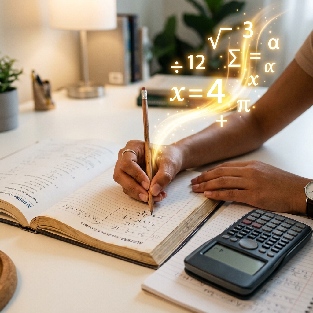 Manos de un estudiante resolviendo ecuaciones con lápiz sobre un libro en un escritorio blanco. Del papel brotan símbolos brillantes como '3x+4=16' y 'x=4' envueltos en destellos de luz dorada. Hay una calculadora moderna a un lado. Enfoque suave.
