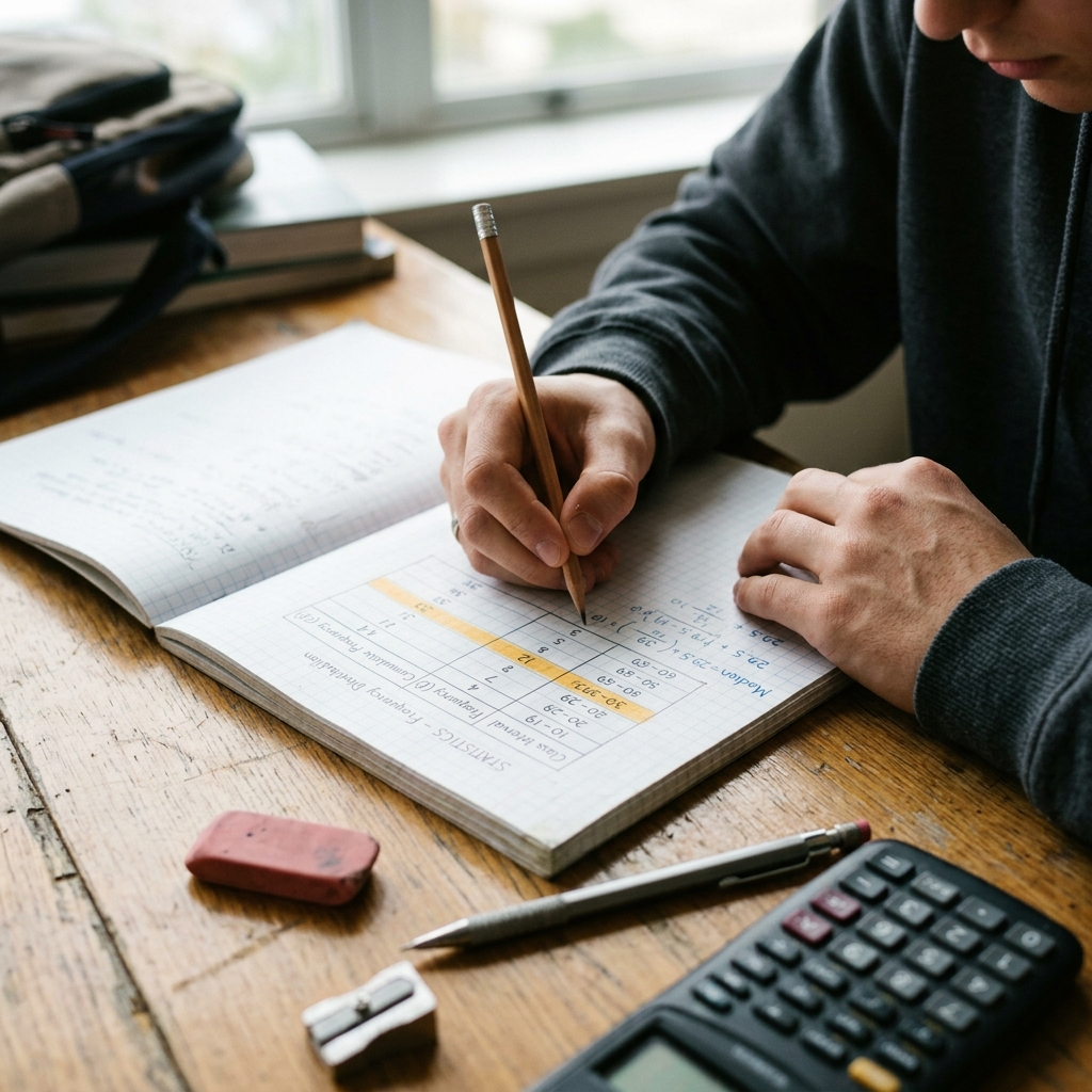 Manos de un estudiante completando una tabla de frecuencias en un cuaderno sobre escritorio de madera. Hay una calculadora científica, lápices y marcas con resaltador amarillo bajo luz natural.