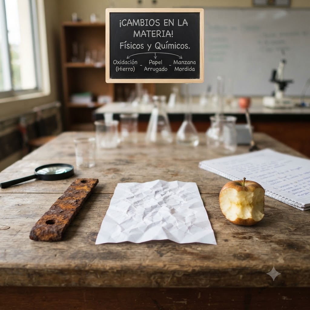 Imagen conceptual en laboratorio. Sobre mesa de madera, un trozo de hierro oxidado, papel arrugado y una manzana mordida. Flotando, una pizarra con tiza blanca y el título: "¡CAMBIOS EN LA MATERIA! Físicos y Químicos." Detalla las flechas indicando "Oxidación (Hierro)", "Papel Arrugado", "Manzana Mordida". Fondo desenfocado con material de laboratorio.