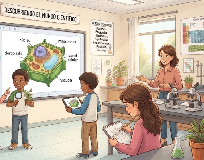 Ilustración cuadrada de un aula escolar. Al fondo, un pizarrón digital muestra una célula vegetal con partes señaladas. A la izquierda, una profesora y tres niños observan y discuten; a la derecha, una alumna dibuja en un cuaderno y otra interactúa con una tableta.