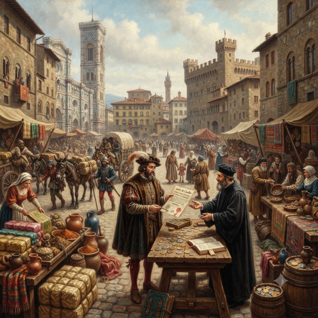 Plaza de mercado medieval renacentista. Un mercader y un banquero negocian sobre una mesa con monedas y un documento. Puestos repletos de mercancías, telas y especias los rodean. Al fondo, una catedral y un castillo bajo un cielo nublado. Caravana de mulas a la izquierda.