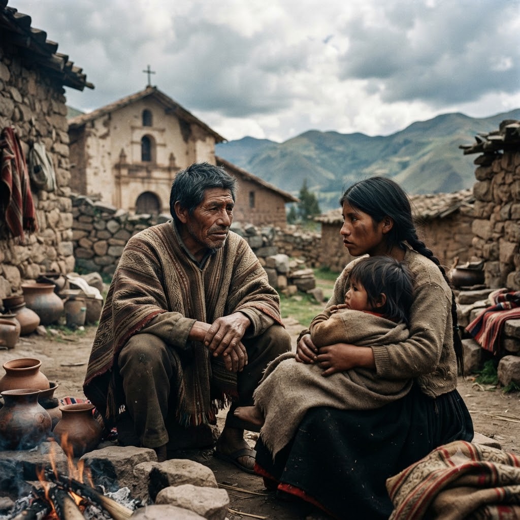 Imagen cuadrada y realista que muestra una familia indígena en un pueblo andino. Un hombre y una mujer con un niño conversan frente a una fogata. De fondo, casas de piedra y una iglesia colonial con cruz.