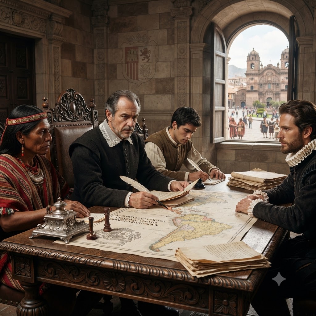 Representación de la administración colonial en Cuzco. Un líder indígena y tres funcionarios españoles debaten sobre un mapa de Sudamérica. Al fondo, se observa la Plaza de Armas y la catedral. Elementos clave: vestuario de época, plumas para escribir y documentos.