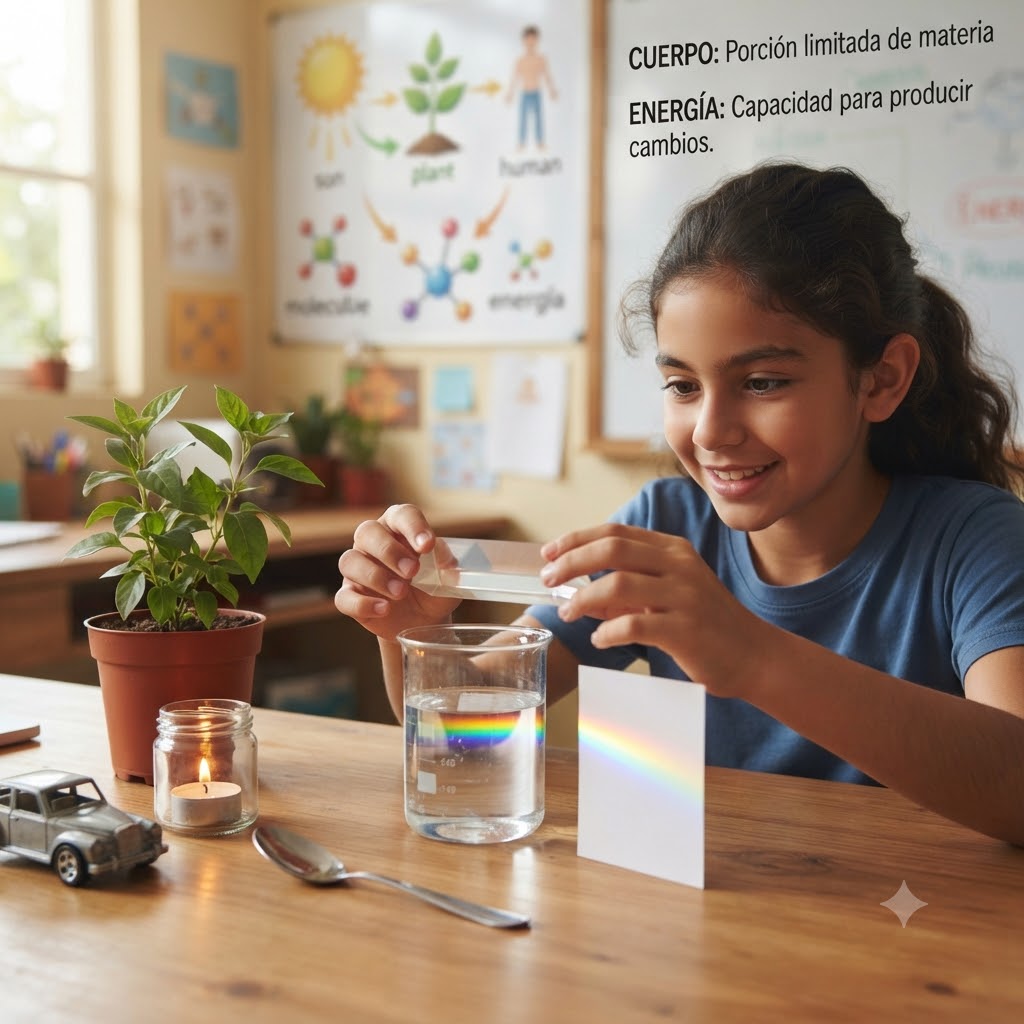En un aula, una niña sonriente realiza un experimento de refracción de luz con un prisma sobre un vaso con agua, proyectando un arcoíris en una tarjeta. Sobre la mesa hay una planta, una vela encendida, un juguete y una cuchara. Un tablero al fondo muestra diagramas científicos y el texto en español: CUERPO: Porción limitada de materia. ENERGÍA: Capacidad para producir cambios.