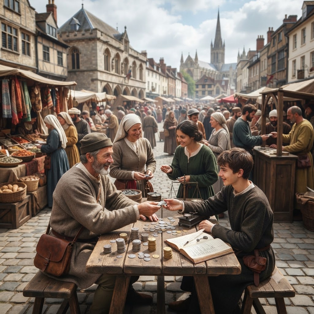 Mercado medieval. En primer plano, un anciano con barba y un joven intercambian monedas sobre una mesa de madera, rodeados de montones de monedas, un libro de cuentas y una balanza. Detrás, gente vestida de época pasea entre puestos de venta y edificios históricos bajo un cielo nublado. La catedral se ve al fondo.