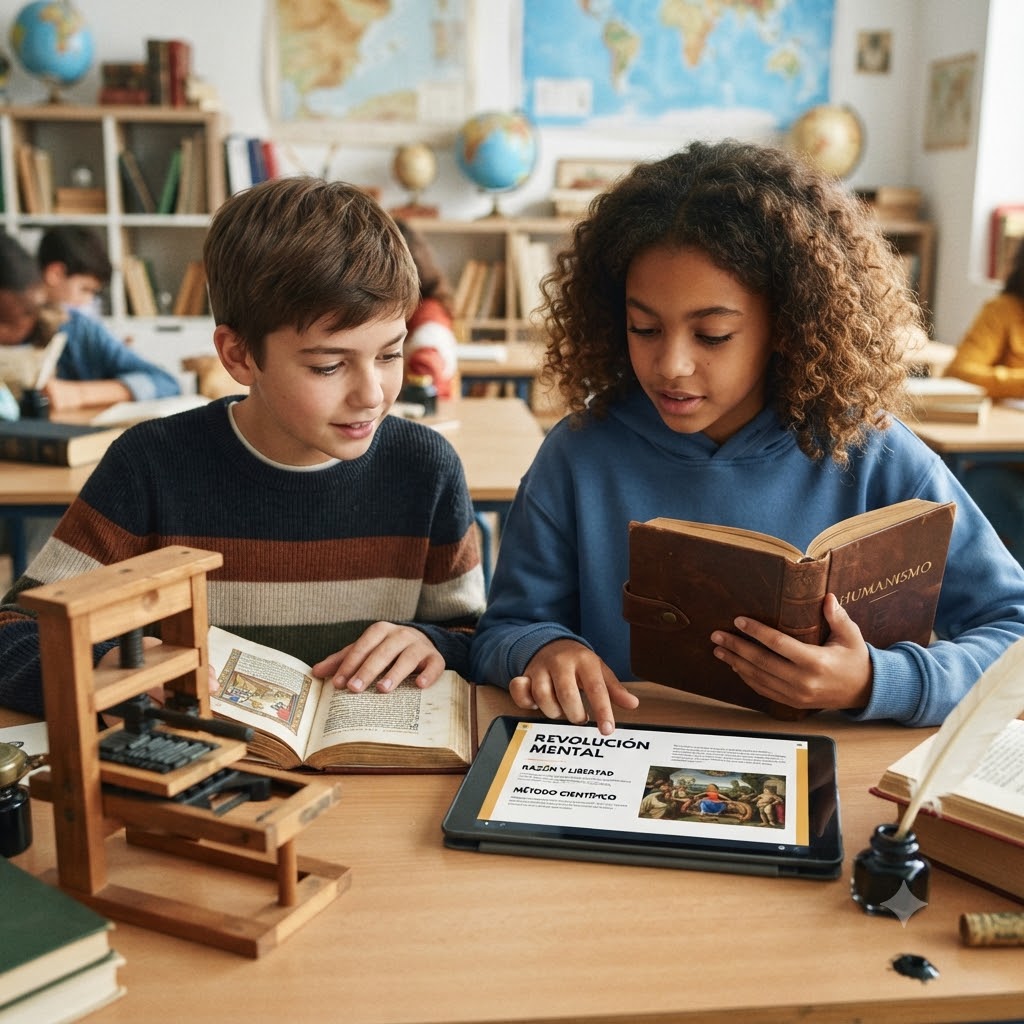 En un aula, dos estudiantes interactúan con recursos educativos sobre el Humanismo y el Renacimiento. Sobre la mesa hay una pequeña imprenta de madera, libros antiguos y una tablet que muestra un contenido titulado "Revolución Mental" e incluye una imagen de "El nacimiento de Venus".