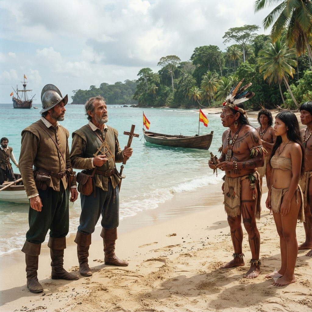 Recreación realista del encuentro inicial entre exploradores españoles con armadura y sotana, y un grupo indígena en una playa tropical. Al fondo se observan un barco y banderas españolas. La escena muestra el asombro mutuo.