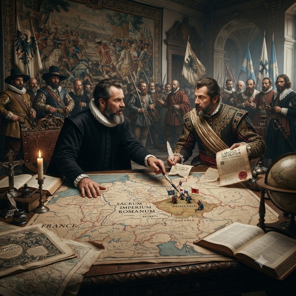 Dos líderes discuten sobre un mapa del Sacro Imperio Romano Germánico señalando Bohemia, rodeados de nobles armados y banderas. Sobre la mesa hay libros, un globo y un documento con el sello de Carlos V. Un tapiz de batalla decora el fondo. Estilo pictórico realista.