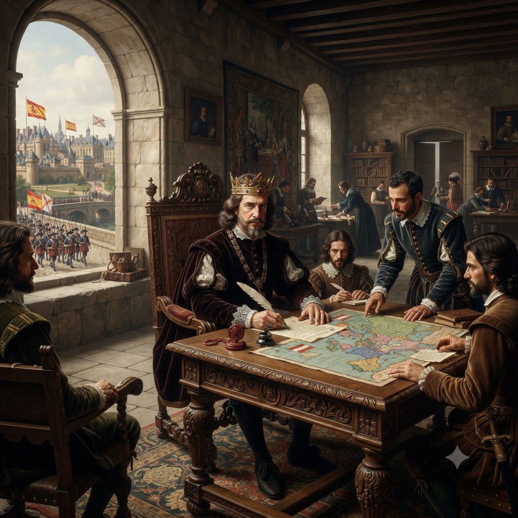 Escena histórica interior. Un rey sentado en el centro firma documentos. A su alrededor, consejeros miran un mapa en una mesa de madera. Al fondo, un balcón muestra un ejército marchando frente a un castillo. El ambiente es culto y de poder. Estilo realista. 276 caracteres.