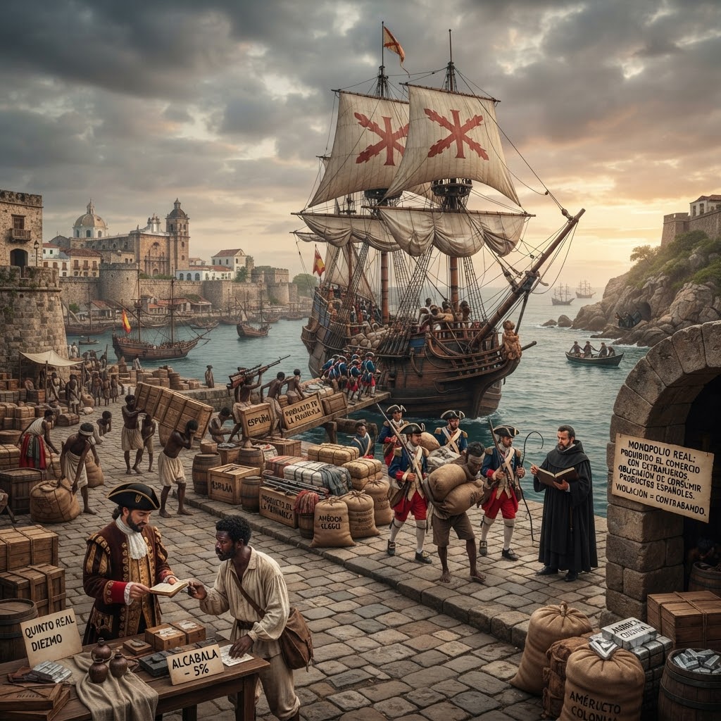 Puerto colonial español concurrido. Un galeón carga materias primas y descarga manufacturas bajo la Cruz de Borgoña. En primer plano, soldados y un funcionario registran mercancías. Un cartel detalla impuestos: alcabala, quinto real y diezmo. Muestra la desigualdad social y el control comercial.