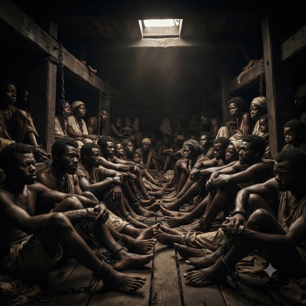 La imagen muestra la bodega oscura y hacinada de un barco negrero, donde decenas de personas esclavizadas de origen africano, incluyendo hombres, mujeres y niños, están sentadas en el suelo de madera, encadenadas por los tobillos y muñecas, iluminadas por una rejilla de ventilación superior.