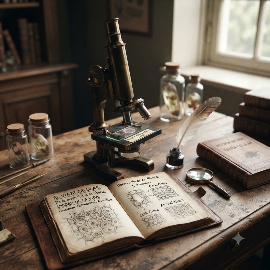 Escena de estudio del siglo XIX con un microscopio de latón en el centro sobre una mesa de madera. A la izquierda, frascos con muestras y herramientas de disección. A la derecha, libros antiguos, uno titulado "Teoría Celular", pluma, tintero y lupa. En primer plano, un cuaderno abierto con dibujos de células vegetales y animales y texto manuscrito en español sobre la unidad de la vida. Fondo con estanterías llenas de libros y una ventana.