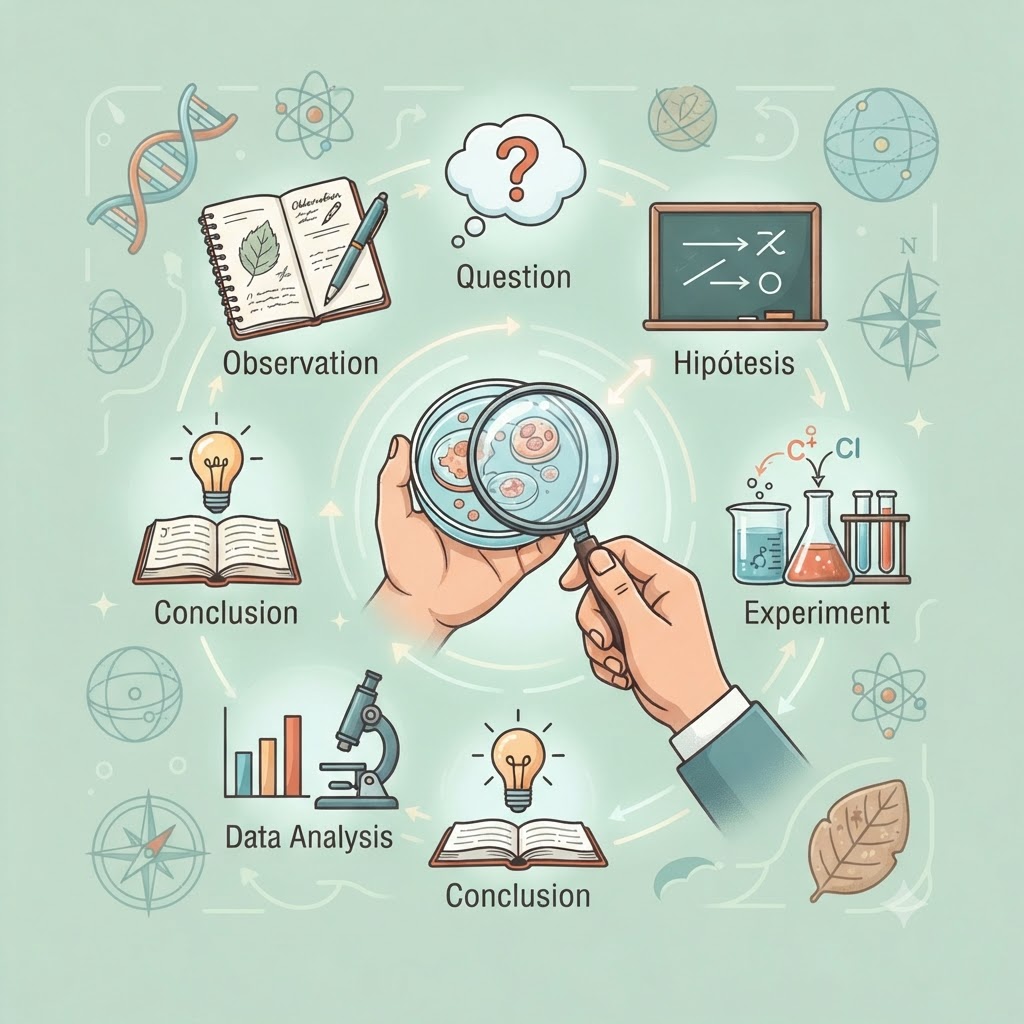 Imagen cuadrada de portada sobre investigación científica en ciencias naturales. Muestra un ciclo con iconos de observación, preguntas, hipótesis, experimentos, análisis de datos y conclusiones en español, con manos sosteniendo una lupa sobre una placa de Petri.