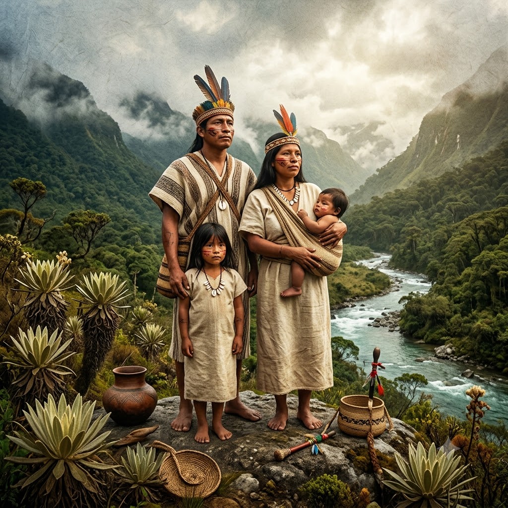 Ilustración de familia indígena U'wa (hombre, mujer con bebé y niña) vistiendo túnicas, collares y tocados de plumas. Están sobre rocas en un valle montañoso andino con un río. En primer plano destacan plantas de frailejón, una vasija de barro, canastos y herramientas.