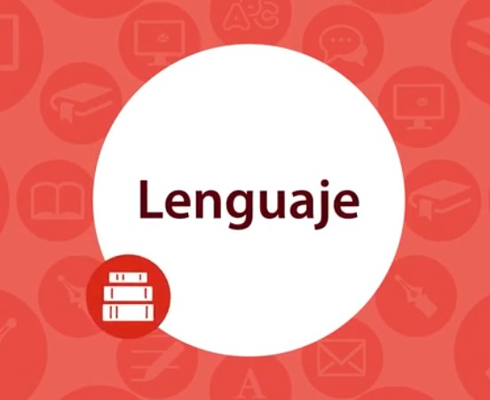 Icono cuadrado con fondo naranja de patrón circular. En el centro hay un círculo blanco que contiene la palabra "Lenguaje" en letras negras y, debajo, un pequeño icono rojo con forma de libro.