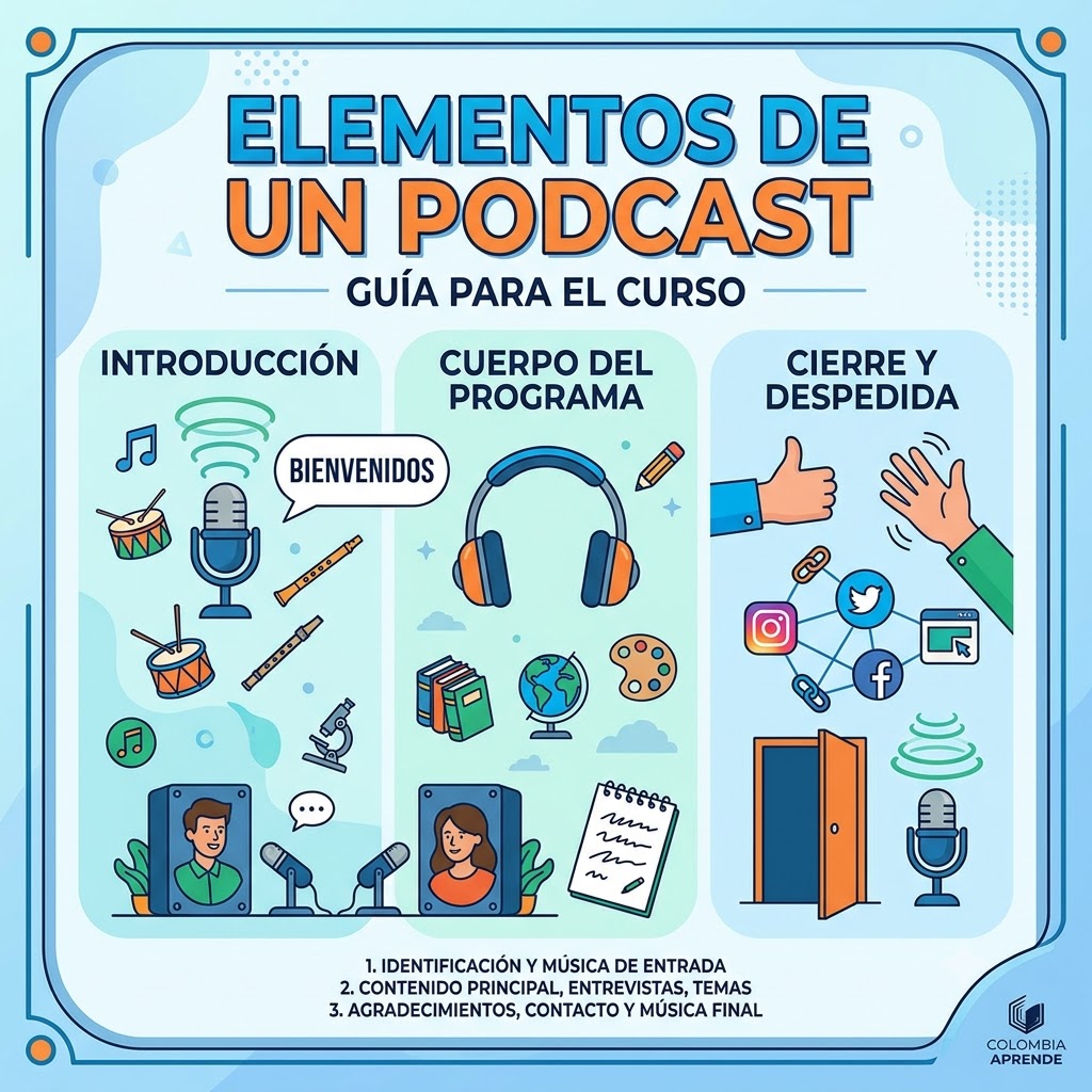 Infografía 'Elementos de un podcast'. Ilustra 3 fases: 1. Introducción (micrófono, música, 'Bienvenidos'). 2. Cuerpo del programa (auriculares, locutores, notas, temas). 3. Cierre y despedida (redes, interacción, puerta). Incluye resumen de los 3 pasos y logo de Colombia Aprende.