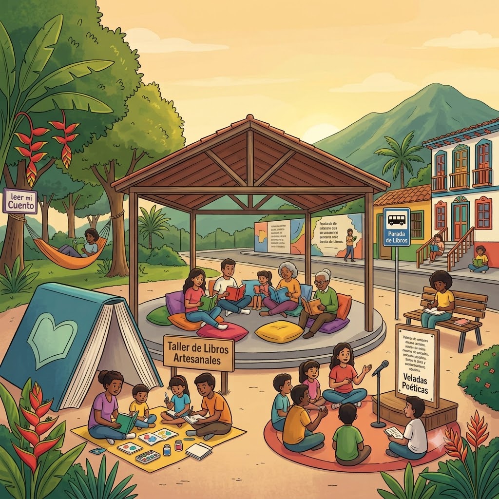 Ilustración del curso 'Lugares no convencionales de lectura y escritura'. Muestra a personas de diversas edades leyendo en un parque: desde una hamaca, un quiosco central, una parada de bus, un taller de libros artesanales en el suelo y una velada poética con micrófono.