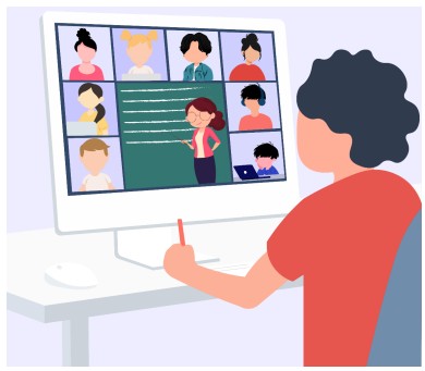 Ilustra una persona tomando una clase virtual desde un computador de escritorio.