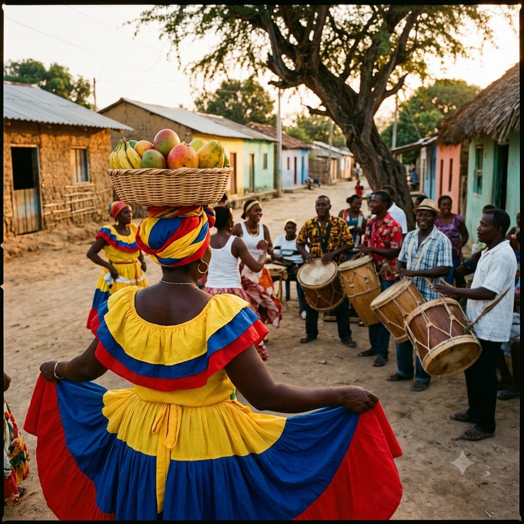 Mujer afrodescendiente de espaldas vistiendo amplia falda tricolor (amarillo, azul, rojo), llevando una gran canasta de frutas en la cabeza. Frente a ella, en un pueblo de casas coloridas y calles de tierra, músicos tocan tambores tradicionales rodeados por la comunidad.